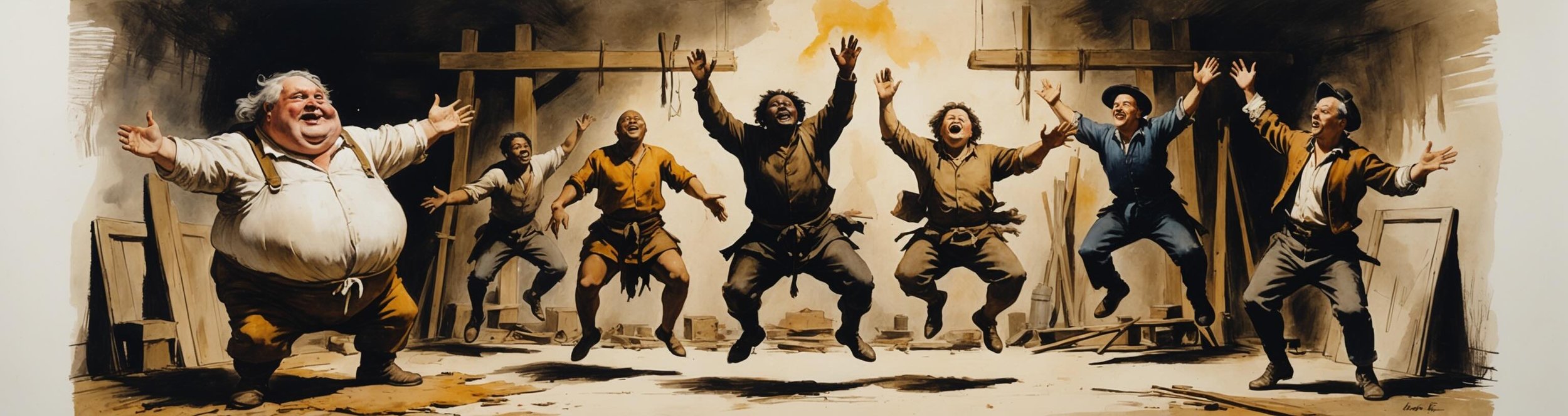 The Mechanicals cheers as Bottom returns in Act 4 Scene 2 of Shakespeare's A Midsummer Night's Dream.