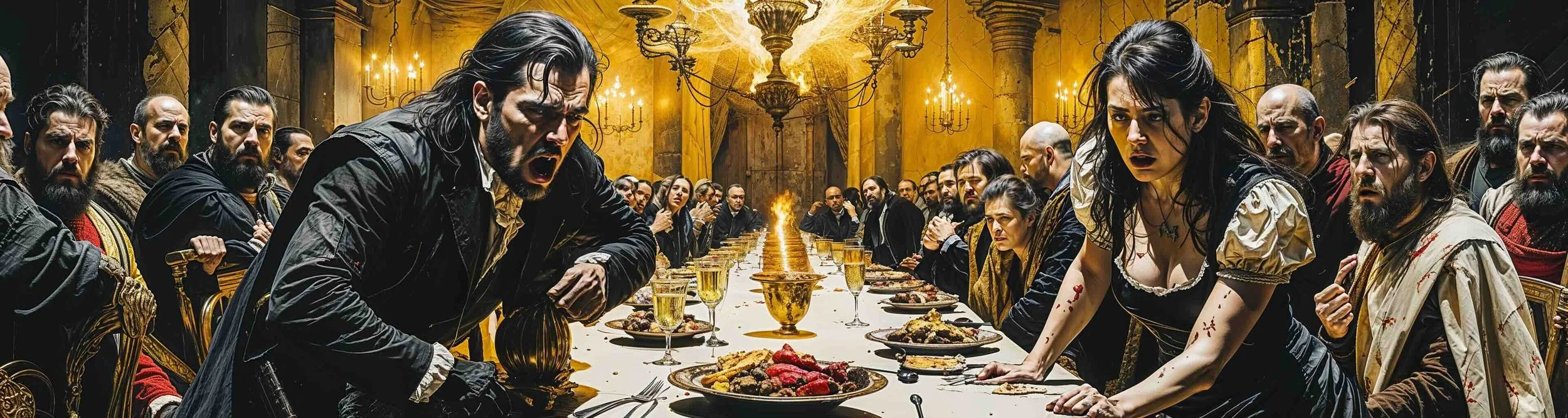 Macbeth hallucinates at the banquet seeing the ghost of Banquo.