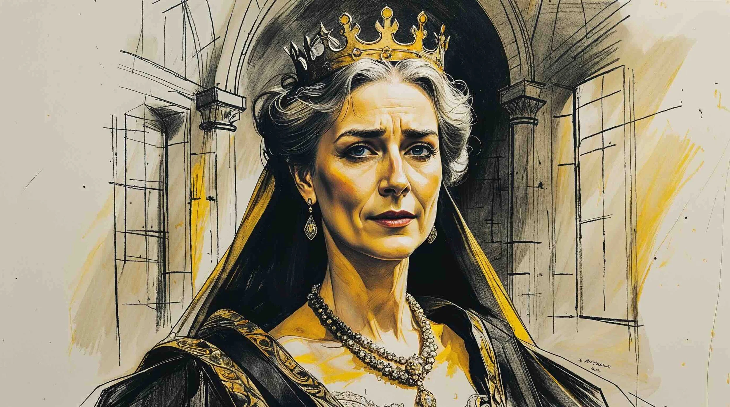 A majestic sketch portrait of Queen Gertrude wearing a crown and rich robes. She has a warm, regal smile that masks a subtle look of worry in her eyes. Rendered in charcoal with dramatic golden-yellow lighting.