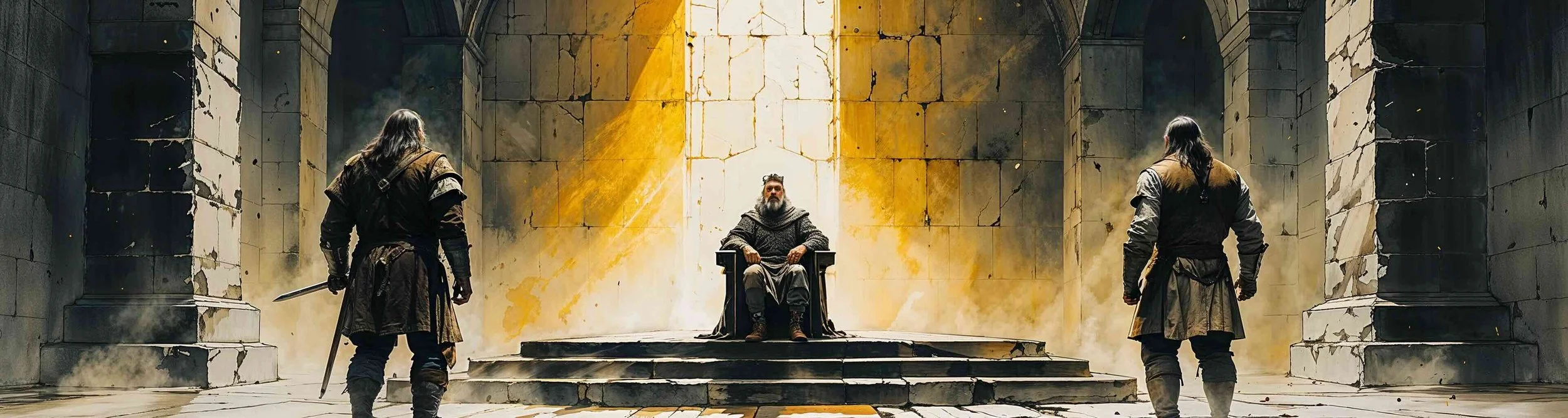 King Duncan greets Macbeth and Banquo.