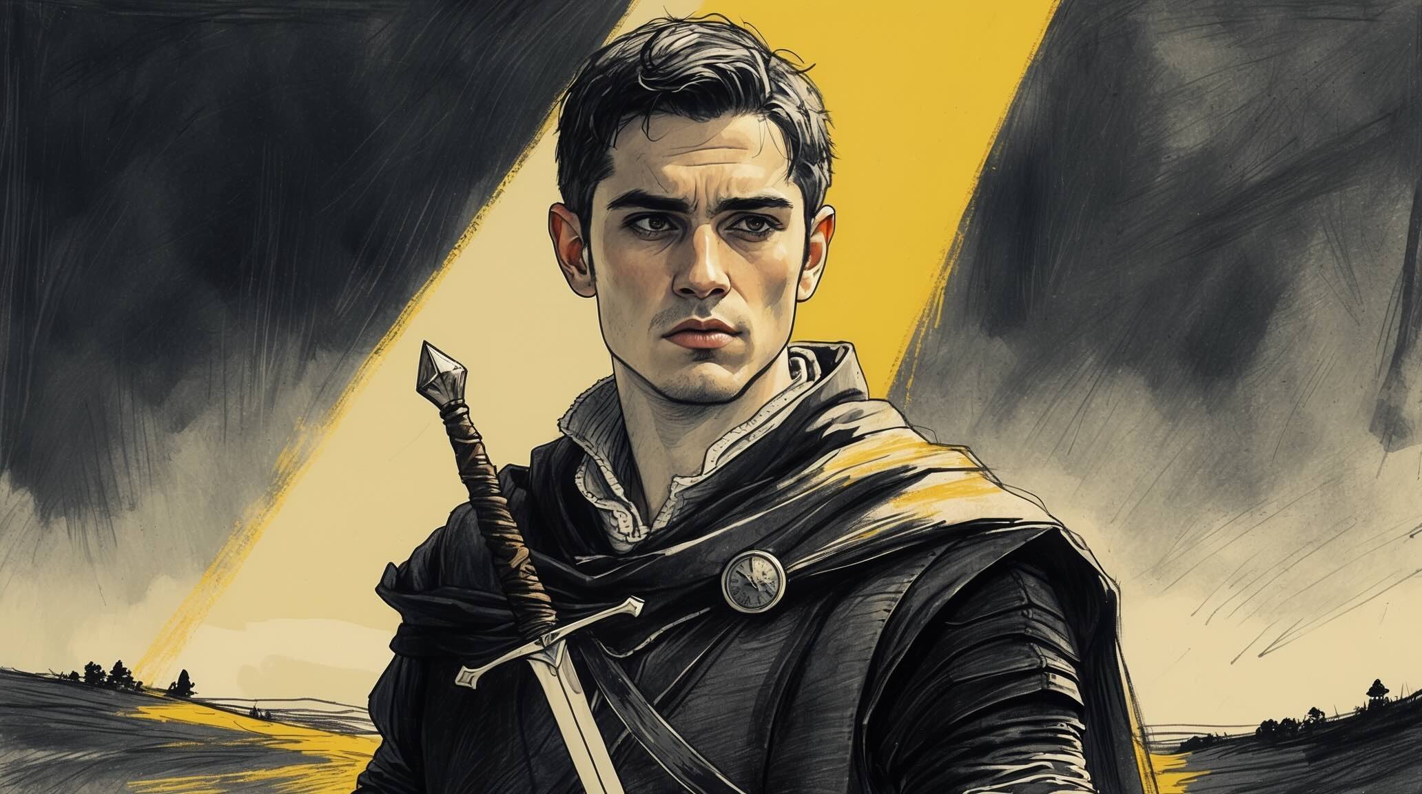 Portrait of Prince Malcolm, young but serious, royal armor with English influences, holding a helmet, standing in a war tent.