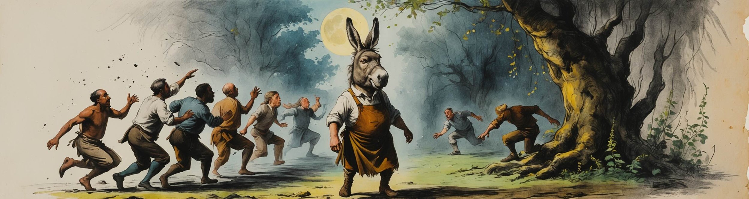 Puck returns with an ass's head, making his friends flee in Act 3 Scene 1 of Shakespeare's A Midsummer Night's Dream.