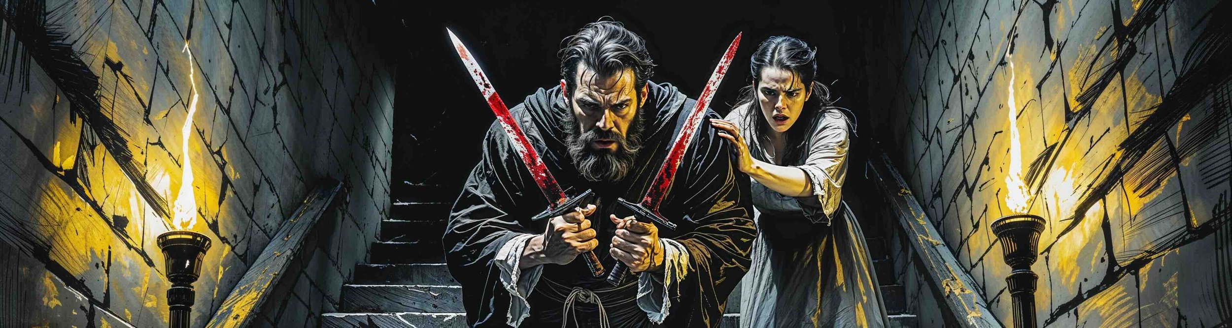 Macbeth holds up bloodied knives as Lady Macbeth looks on.