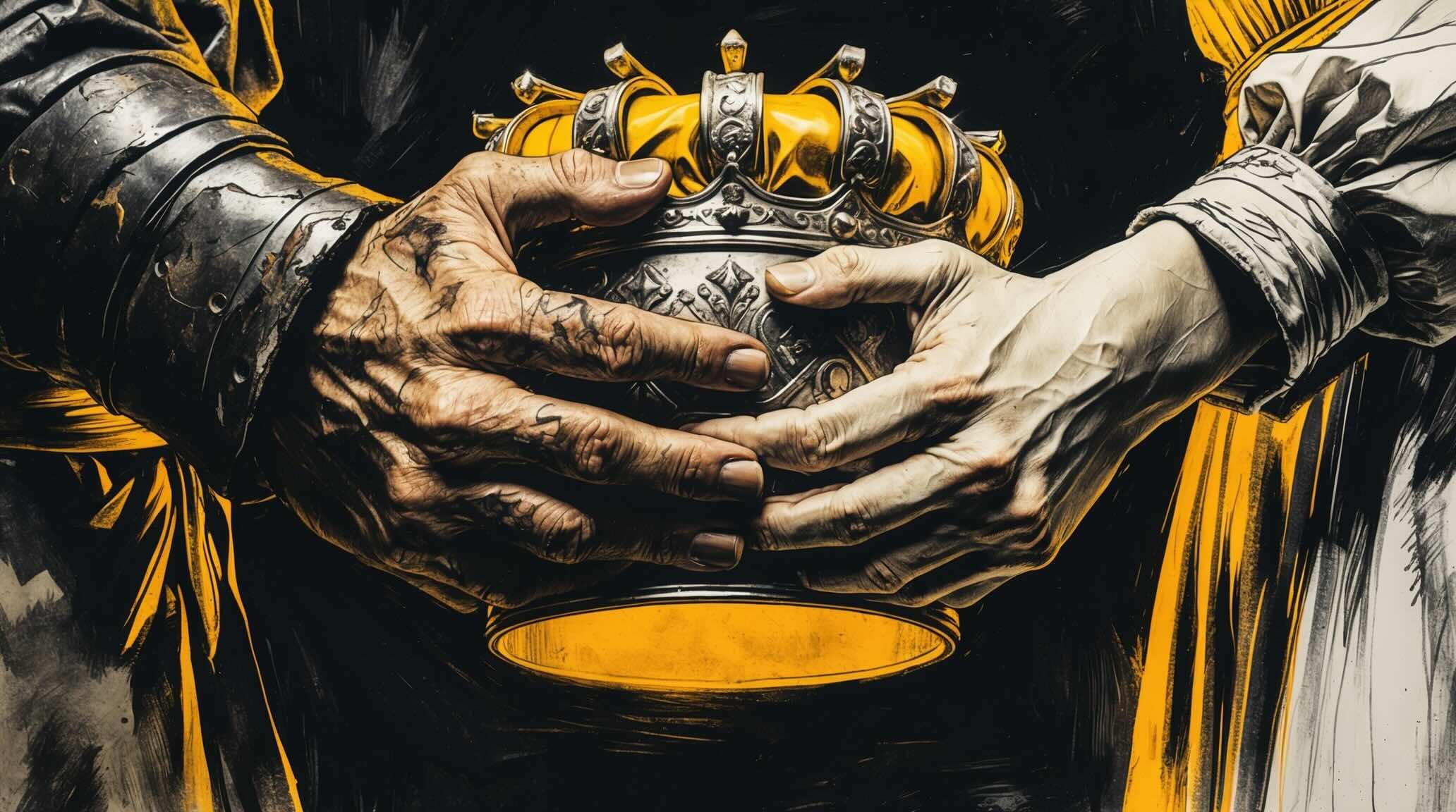 The hands of Macbeth and Lady Macbeth grabbing onto a crown.