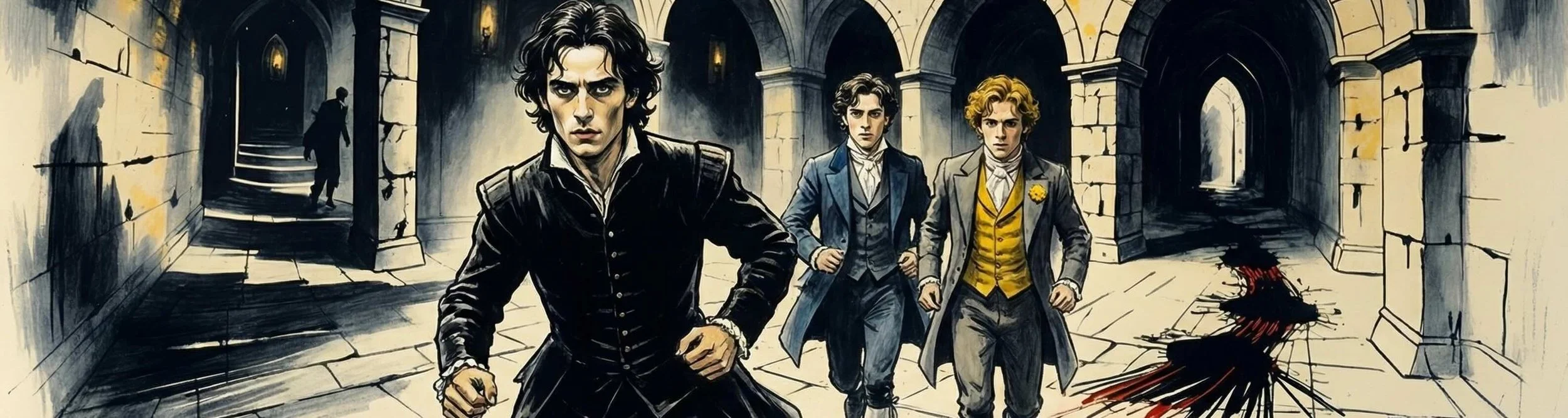 Rosencrantz and Guildenstern follow Hamlet, striving to find where he has hidden the body of Polonius.