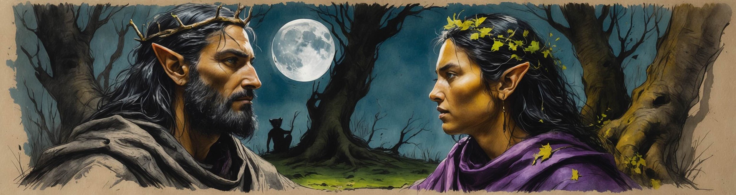 Oberon and Titania row over the changeling boy while Puck looks on from the distance, in Act 2 Scene 1 of Shakespeare's A Midsummer Night's Dream.