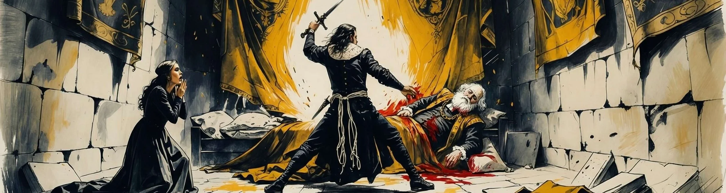 Hamlet murders Polonius as Gertrude looks on in horror.