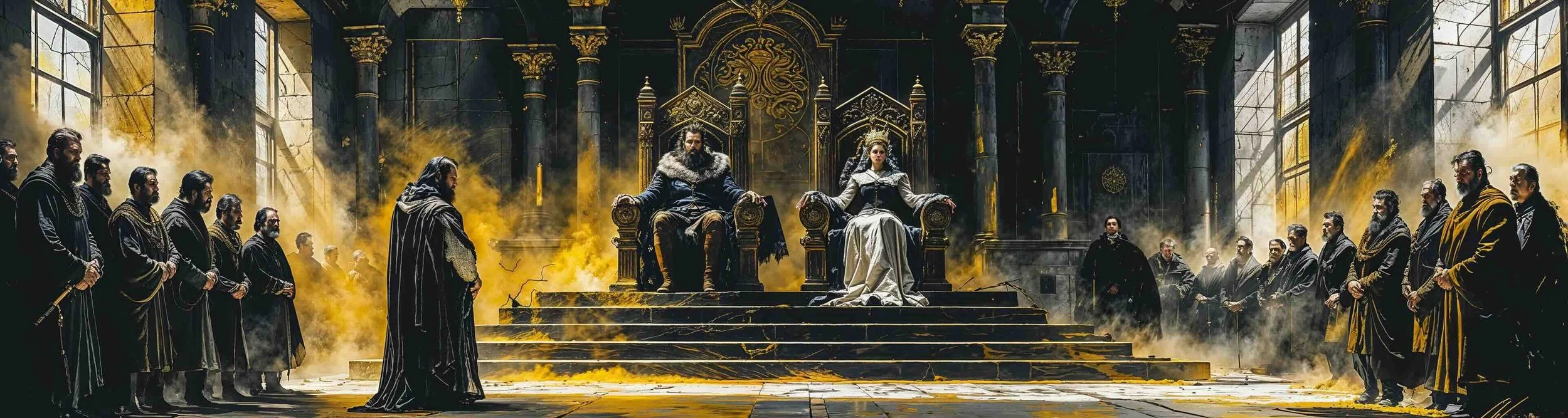 Macbeth and Lady Macbeth address the royal palace at Forres.