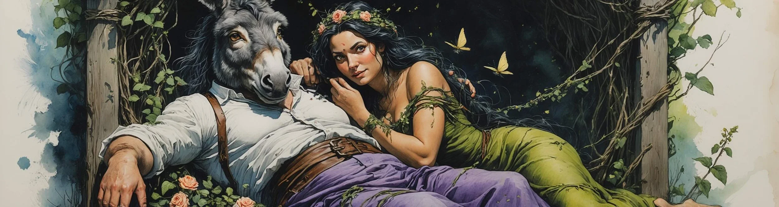 Titiana dotes on Bottom in Act 4 Scene 1 of Shakespeare's A Midsummer Night's Dream.