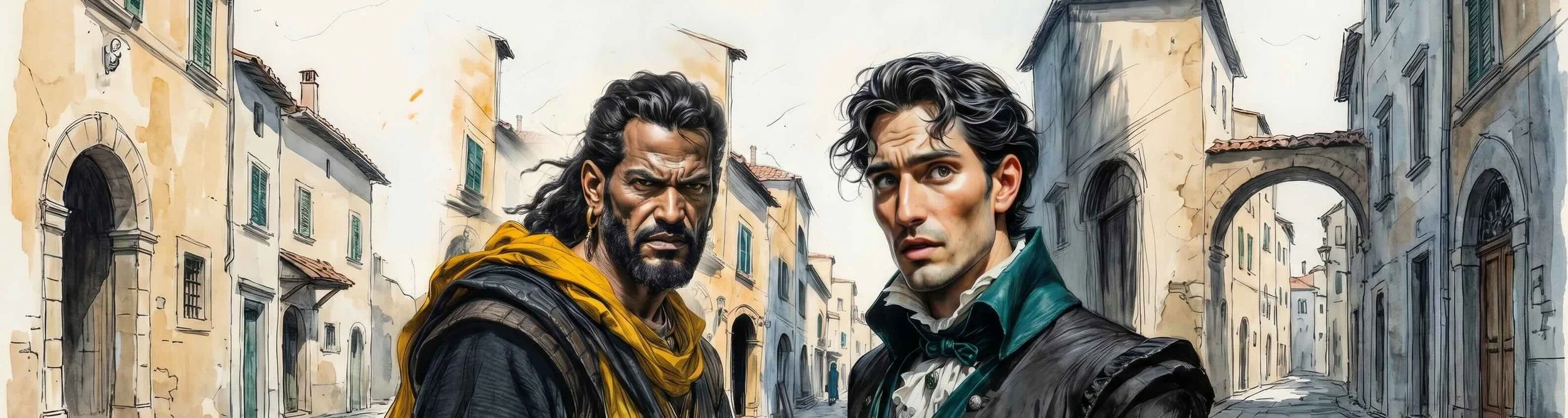 Antonio and Sebastian on the streets of the city in Illyria.