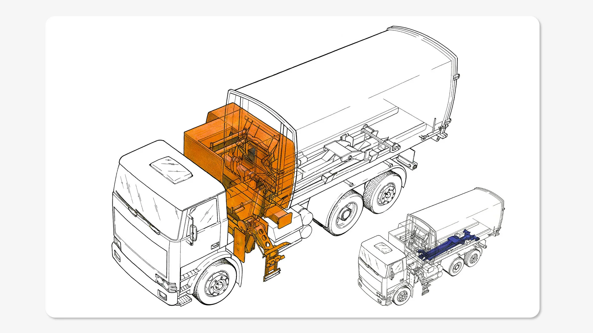 Technical illustraion of a refuse truck drawn using a 3 point perspective grid and pens.