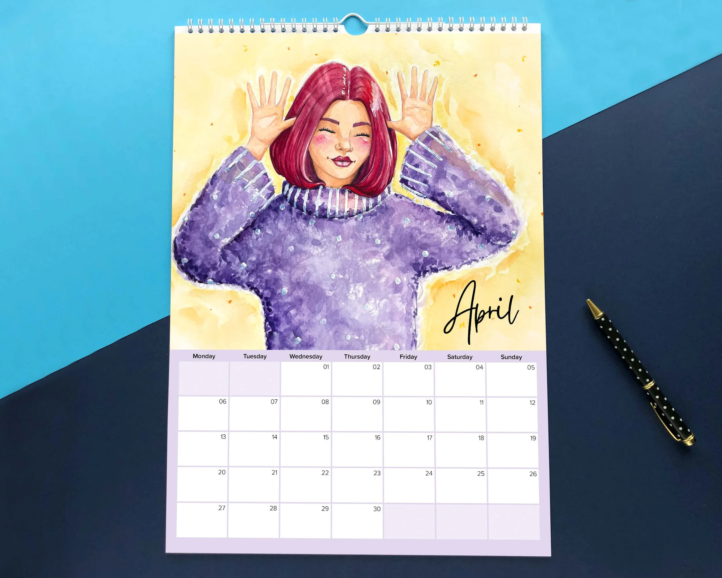 April calendar page with illustration of red head blowing a raspberry