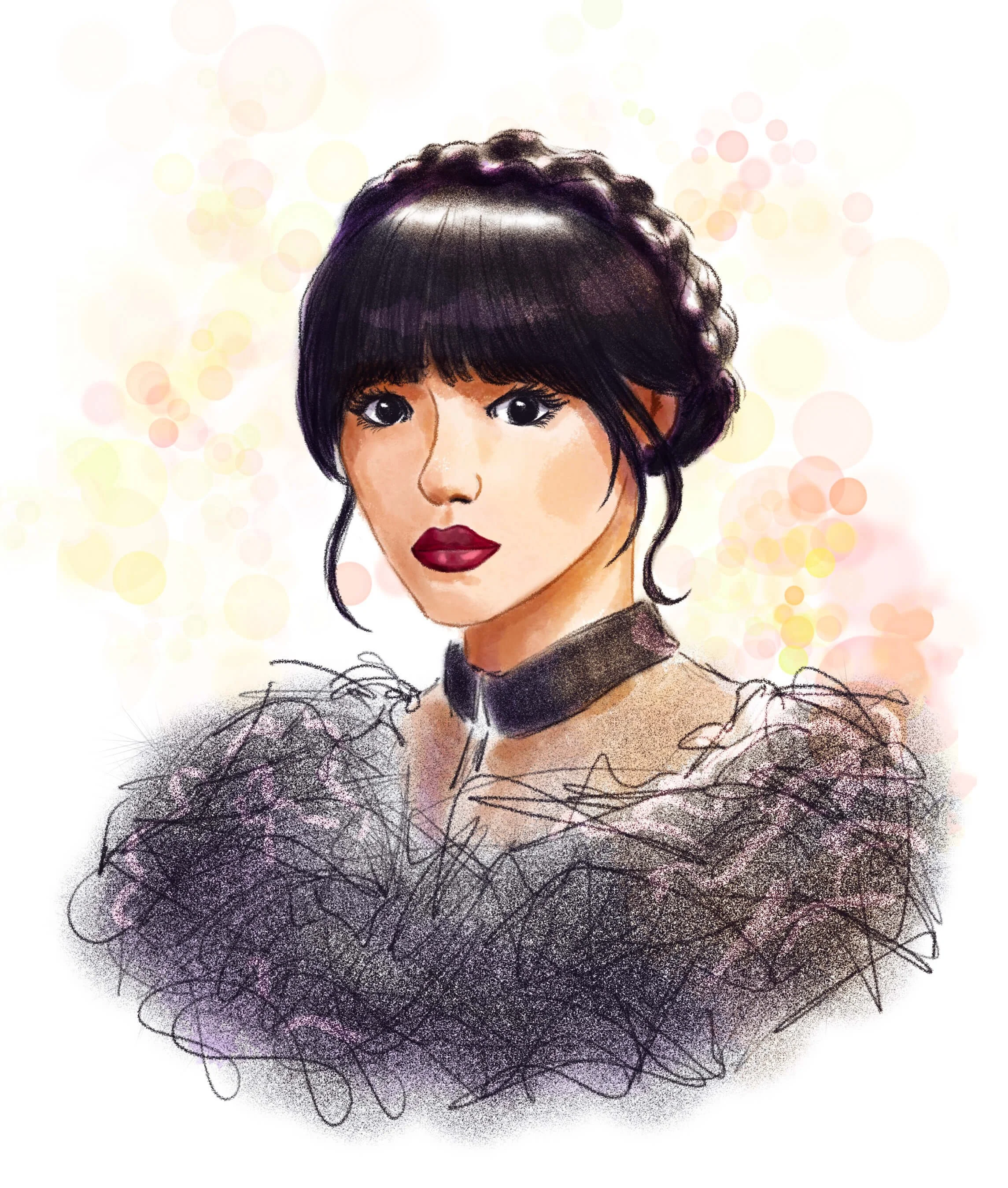 digital illustration of Wednesday Adams in her prom dress