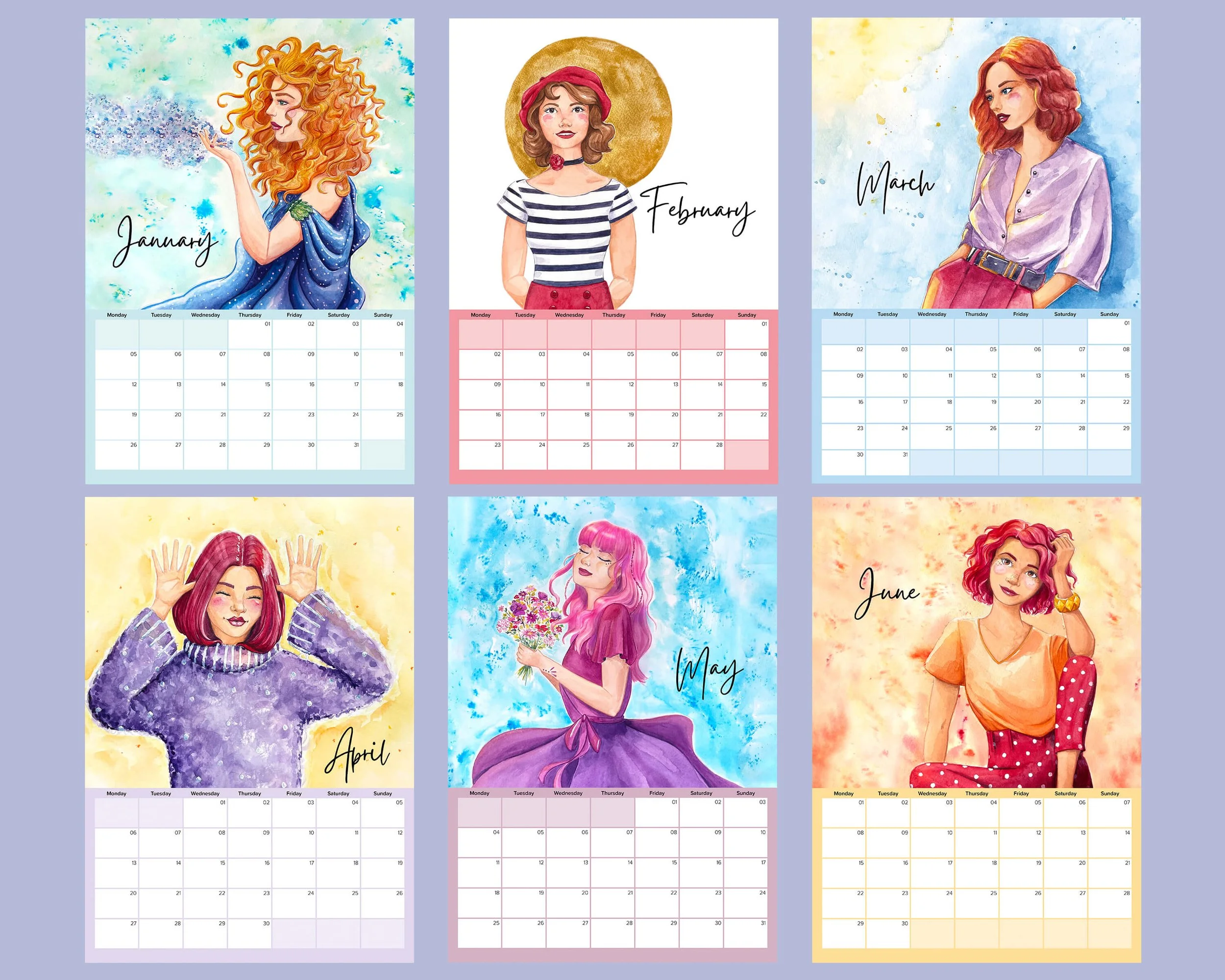 Preview of January to June calendar pages
