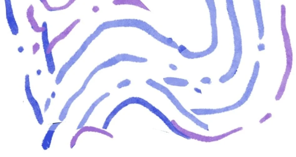 Abstract watercolor painting with wavy, curved lines in shades of blue and purple.