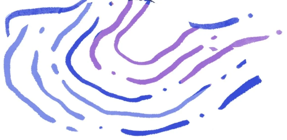 Abstract watercolor painting with blue and purple wavy lines and small dots on a white background.