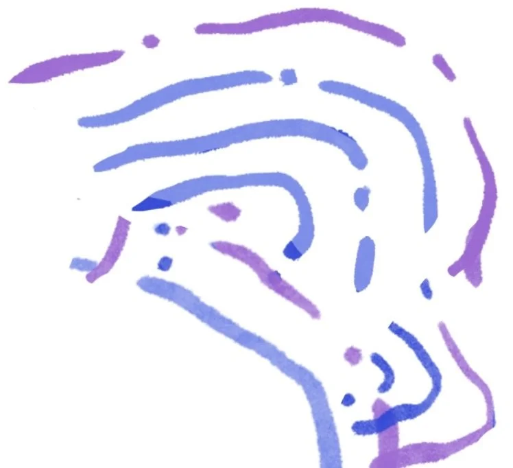 An abstract watercolor illustration of a human face in profile, painted with blue and purple brush strokes.
