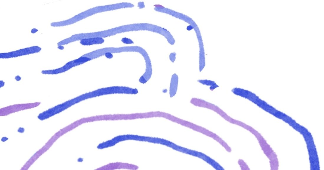 Close-up of abstract purple and blue lines and dots on white background.