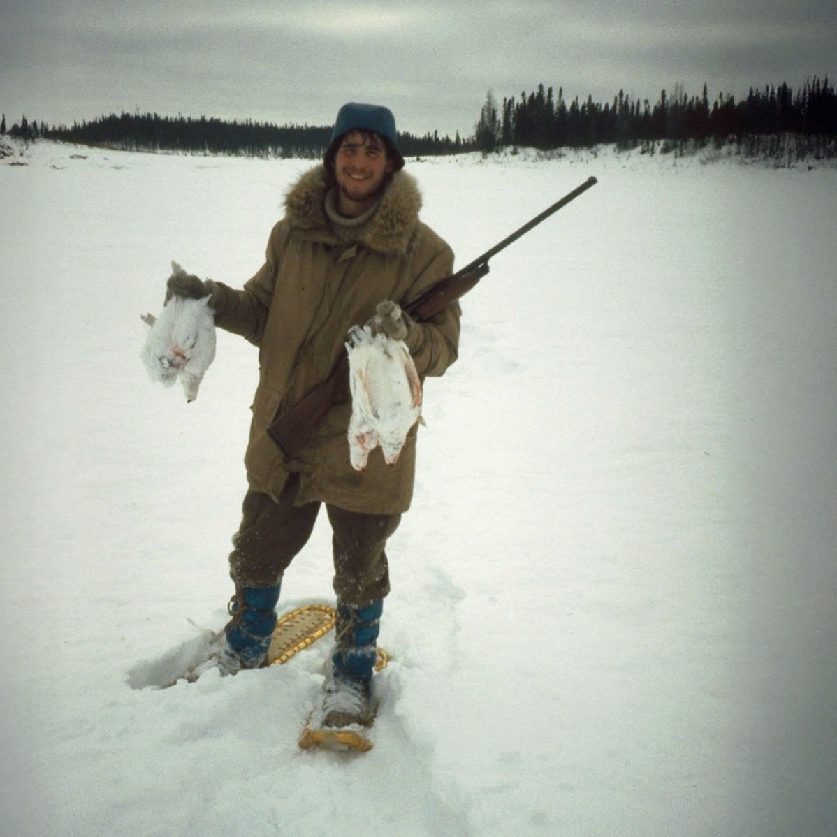 Ptarmigan for dinner. This was an extremely hard day. Lot of "post holing" through a crusty layer of ice then into deep snow beneath. When pulling your snow shoe up it would hang on the crusty ice shelf. After seeing these ptarmigan we decided to cal