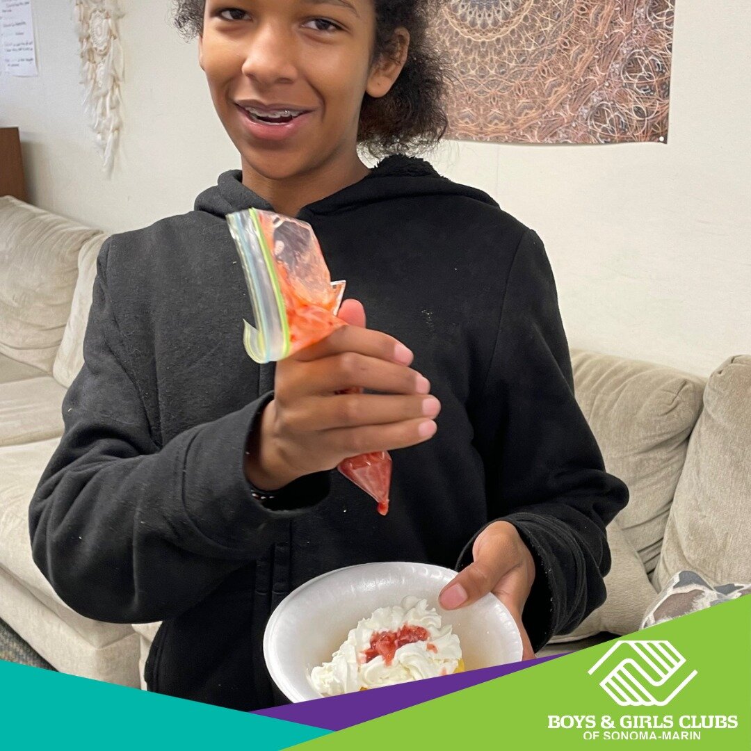 Sweet culinary creations! Club Kids made delicious strawberry shortcake with chocolate syrup. At the Clubs, we teach our Members the importance of making things by hand and getting creative when you don't have a kitchen. Through this, we teach our Me