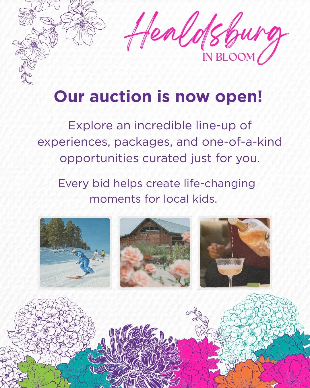 ✨The Healdsburg in Bloom Auction is now live✨

Bid on exclusive experiences&mdash;from wine country getaways and private dinners to travel and one-of-a-kind local offerings&mdash;all while supporting local youth.

Featured items include:
&bull; 5-nig