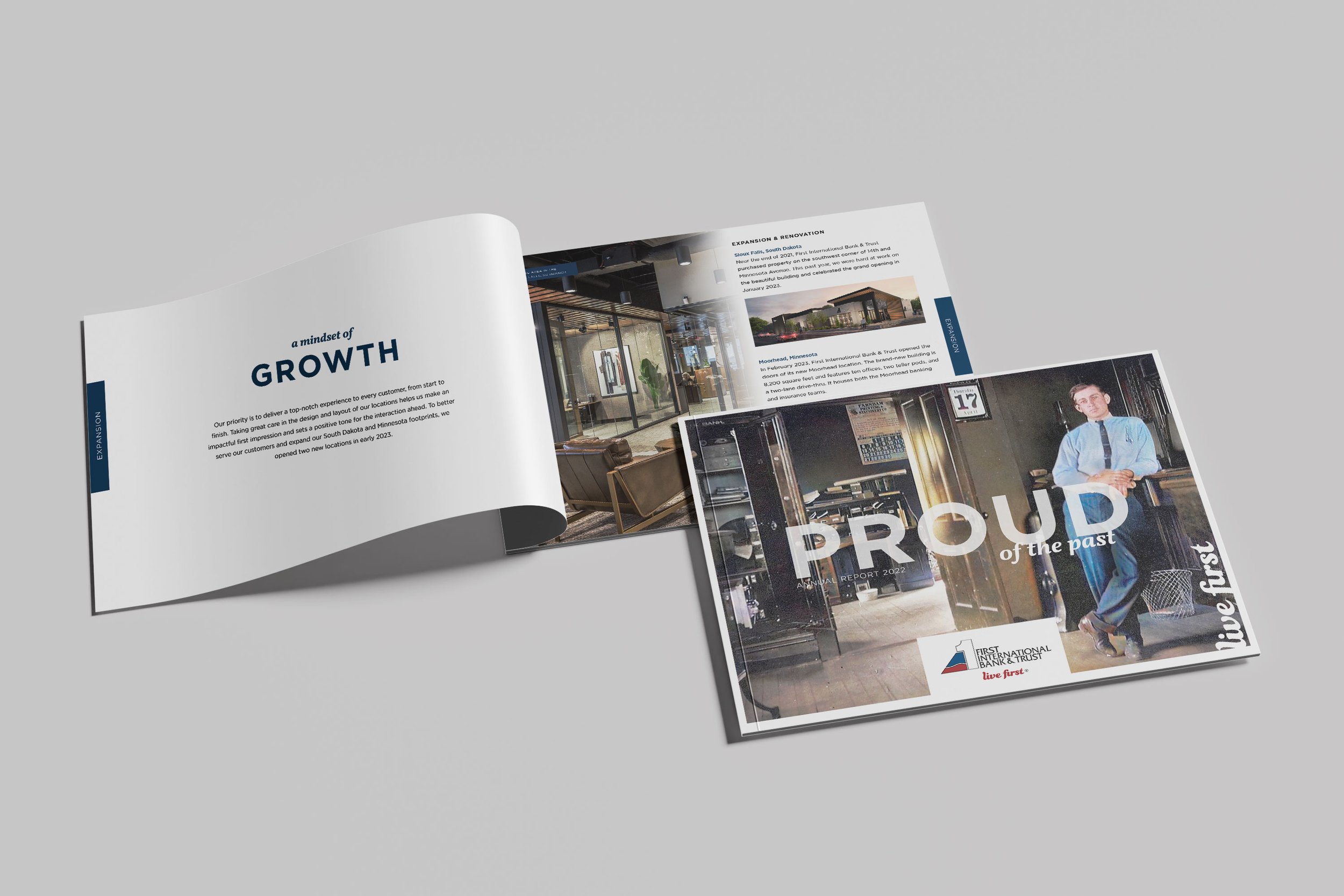 Open booklet revealing a page with 'a mindset of GROWTH' and a bank report with a person in front of a bank counter.