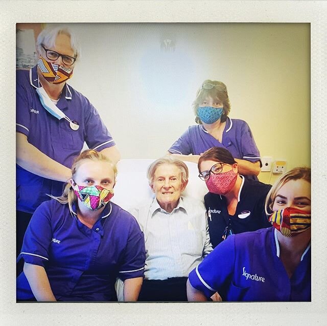 Such a sweet photo of my dad surrounded by his Carers wearing the masks I sent them! Tomorrow is his birthday and it will be the first time in many many years I won&rsquo;t be with him. 😢