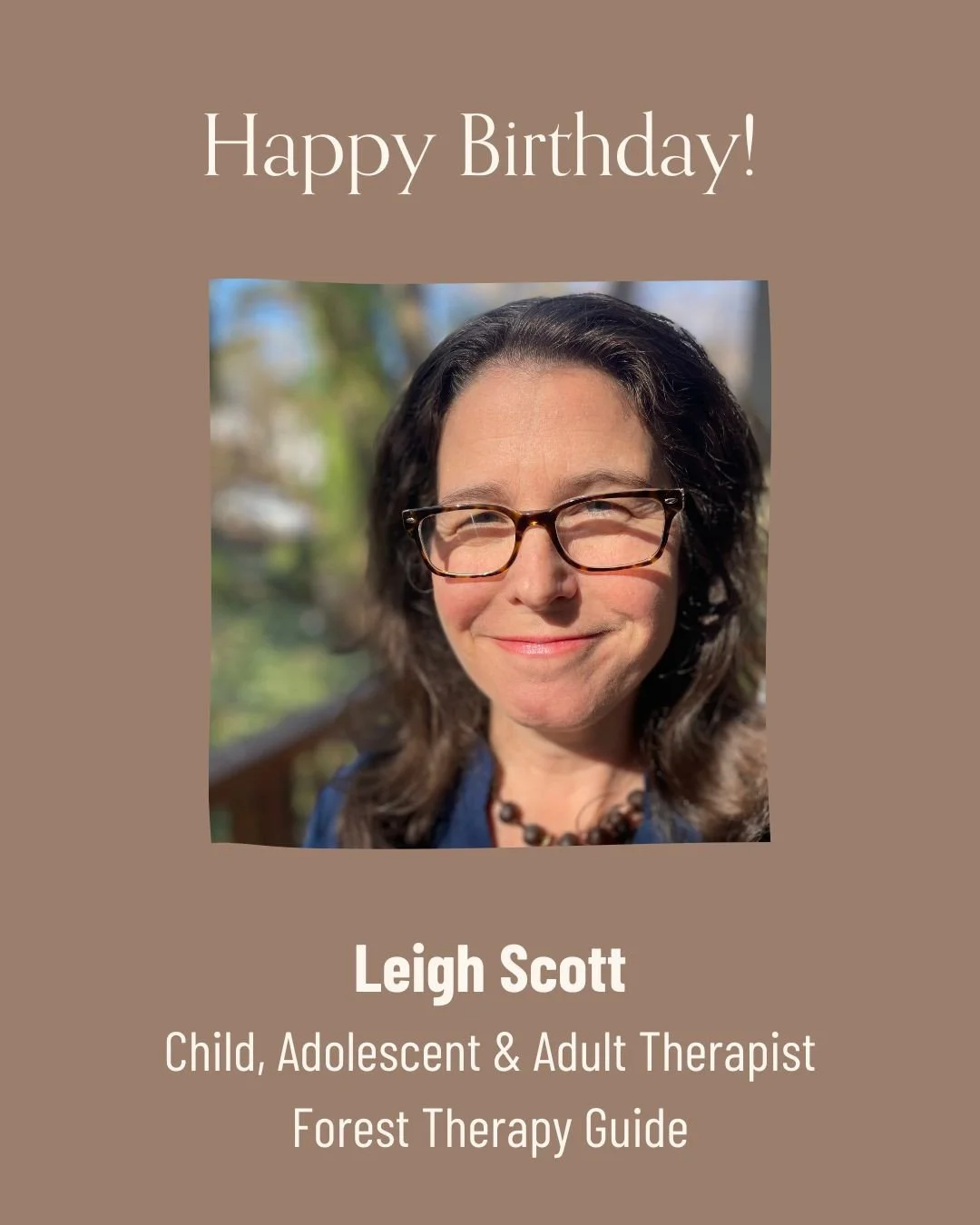 Happy birthday to Gaia therapist, Leigh Scott!⁠
⁠
Fun fact about Leigh: Before becoming a counselor, Leigh was a producer for National Geographic, and a forest therapy guide. At Gaia, in addition to more traditional therapy modalities, she offers for