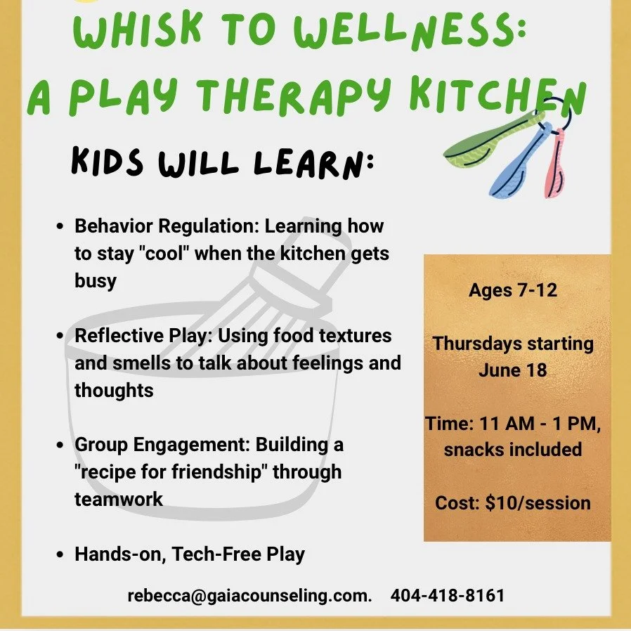 We are excited to offer super accessible groups for adolescents this summer at our Glenwood Park location. To enroll your kiddo in the Whisk to Wellness: Play Therapy Kitchen group, reach out to Rebecca Cha at rebecca@gaiacounseling.com.