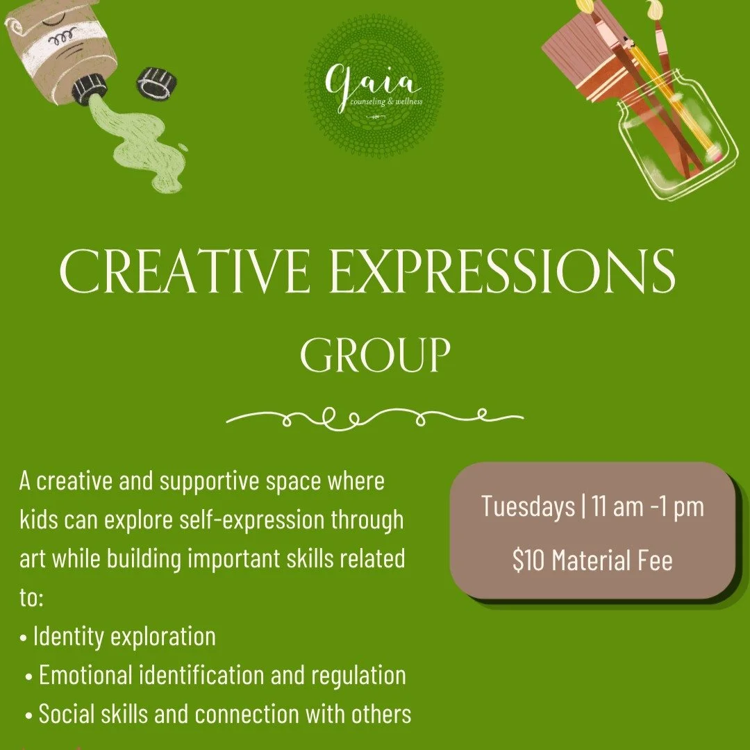 We are excited to offer super accessible groups for adolescents this summer at our Glenwood Park location. To enroll your kiddo in the Creative Expressions group, reach out to Trinity Jackson at trinity@gaiacounseling.com.