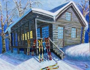 Bruce Mitchell, Apres Ski, Shared Cabin, Acrylic on canvas, 24 x 30, $850.00.jpeg