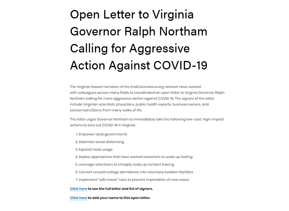 Open Letter to Virginia Governor Ralph Northam Calling for Aggressive Action to #CrushTheCurveVA