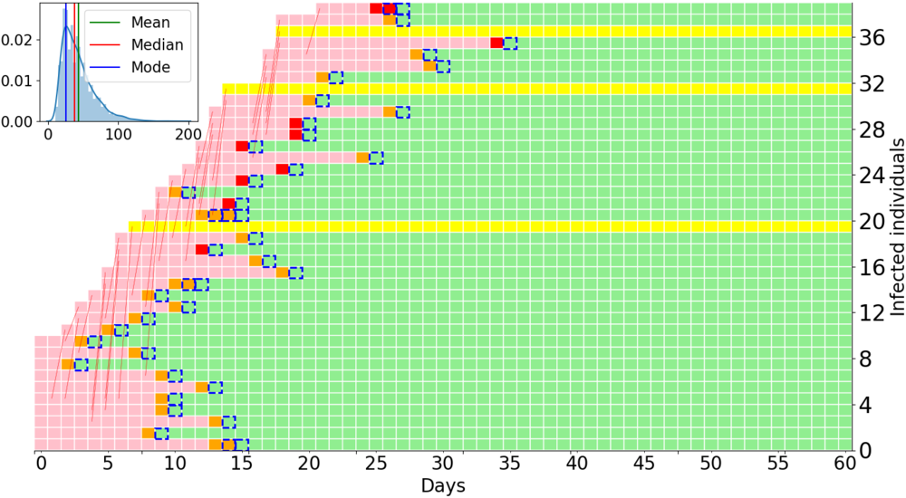 Fig. 4. Illustration of a simulation similar to Fig. 2, blue curve (widespread CT-scan and PCR tests). Other parameters are the same as in Fig. 3. Dashed blue box → CT-scan, PCR for COVID diagnosis not shown. Fewer infected individuals (median 38) r…
