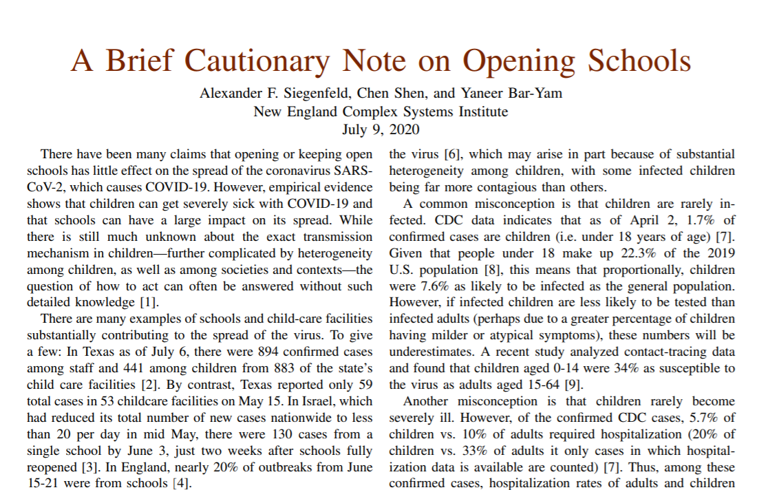 A Brief Cautionary Note on Opening Schools