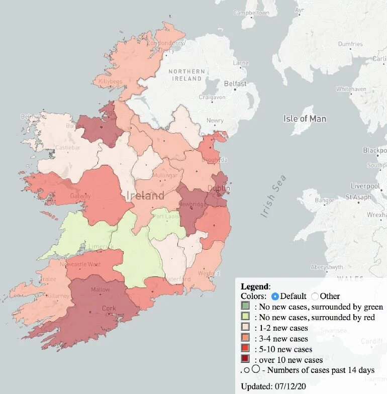Fig. 1. County status in Ireland including five levels of zone distinction, by number of cases in the past 14 days, on July 12, 2020. Three counties have no cases in the last 14 days but don’t qualify for green zone status because of neighboring red…