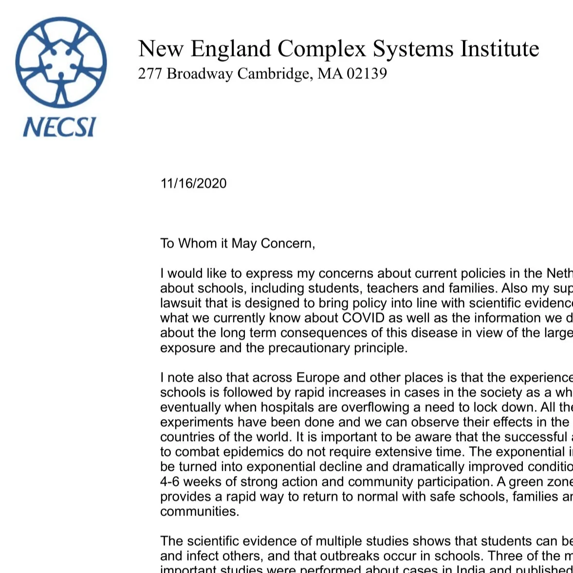 Letter: On the current policies of schooling in the netherlands