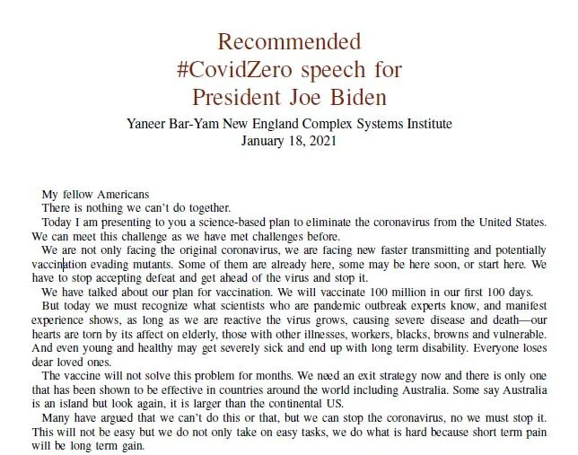Recommended #CovidZero speech for President Joe Biden