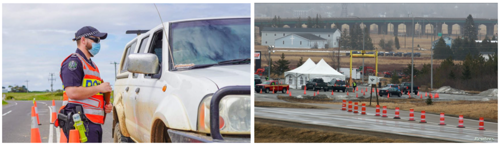 Left: State border checkpoint in Victoria, Australia (Image Credit: abc.net.au). Right: Provincial border checkpoint in Nova Scotia, Canada (Image Credit: VOA)