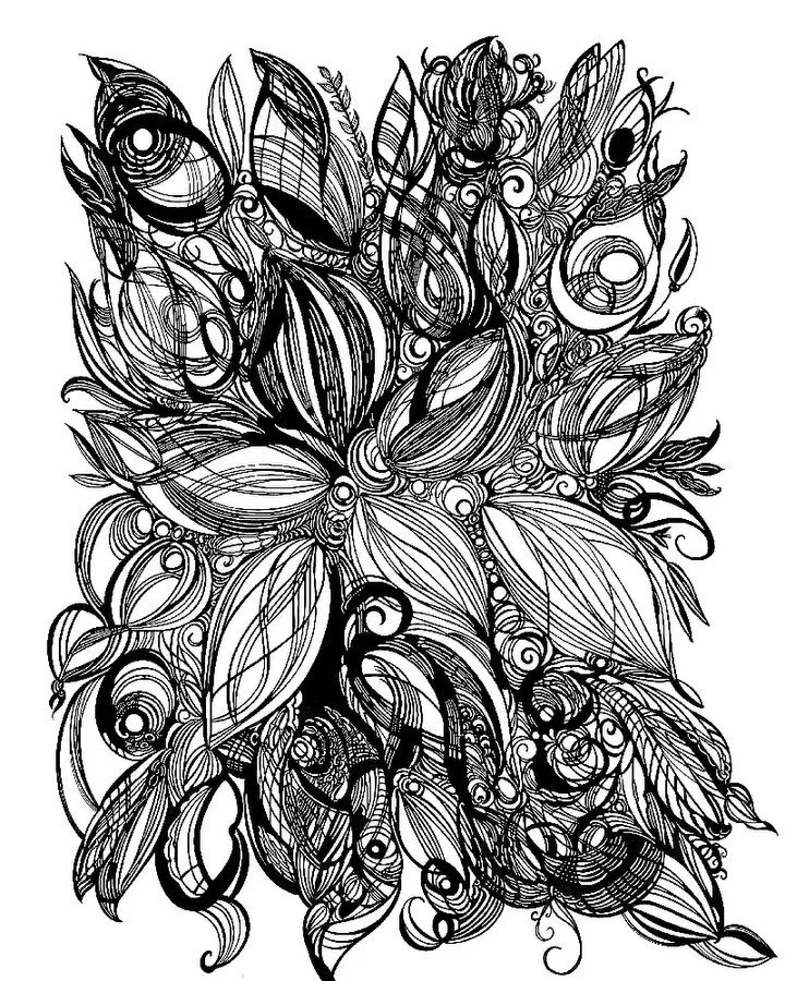 Original drawing done in my sketchbook with Pentel Energel liquid gel ink pens metal needle tips .5 &amp; .7, then I brought the image into Procreate to cleanup, restoke, and redraw. I&rsquo;m going to start dividing the image into sections. abra ka 