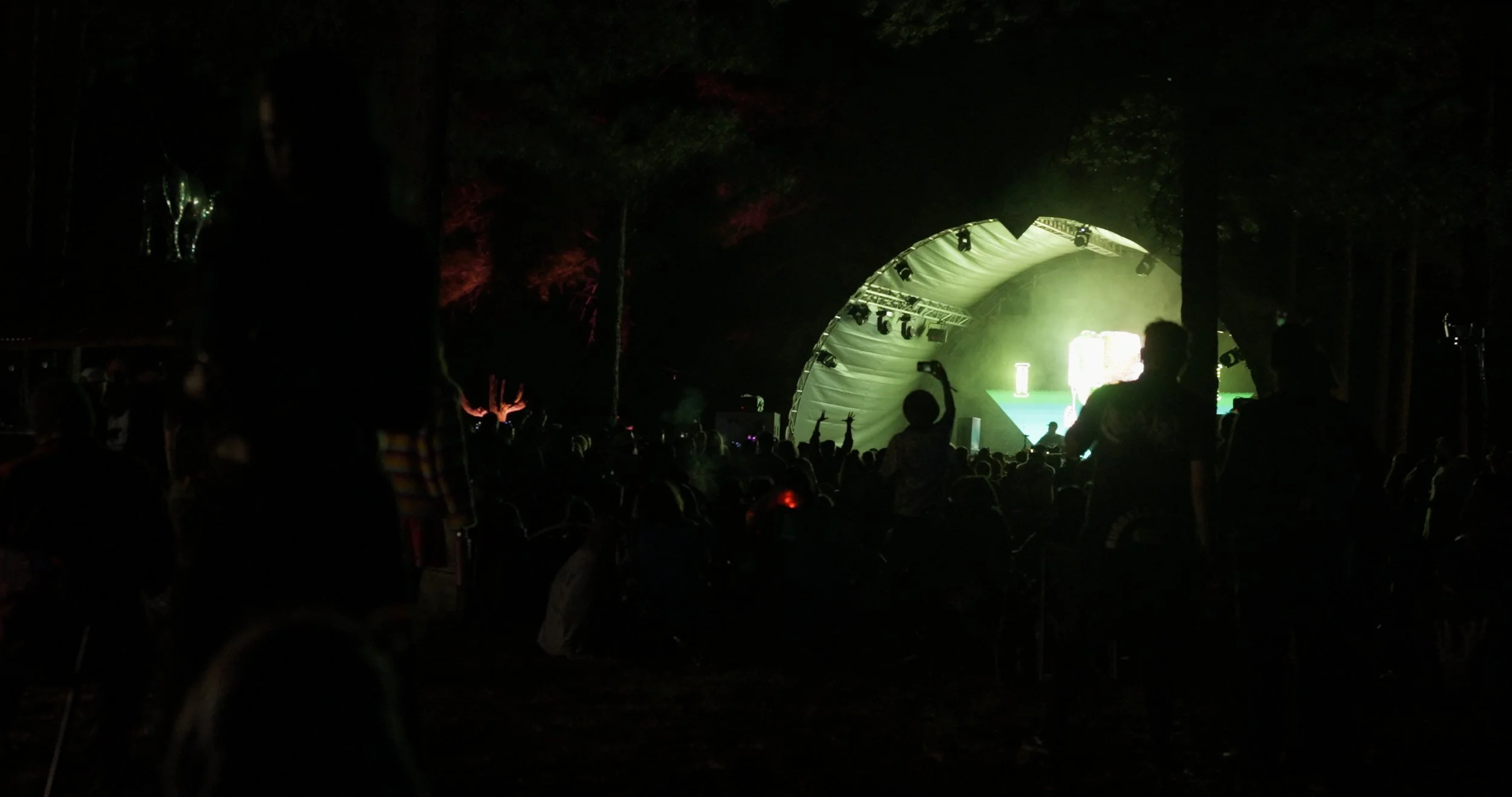 Festival coverage capturing stage lights cutting through the forest as an energized crowd watches a live EDM performance in Arizona