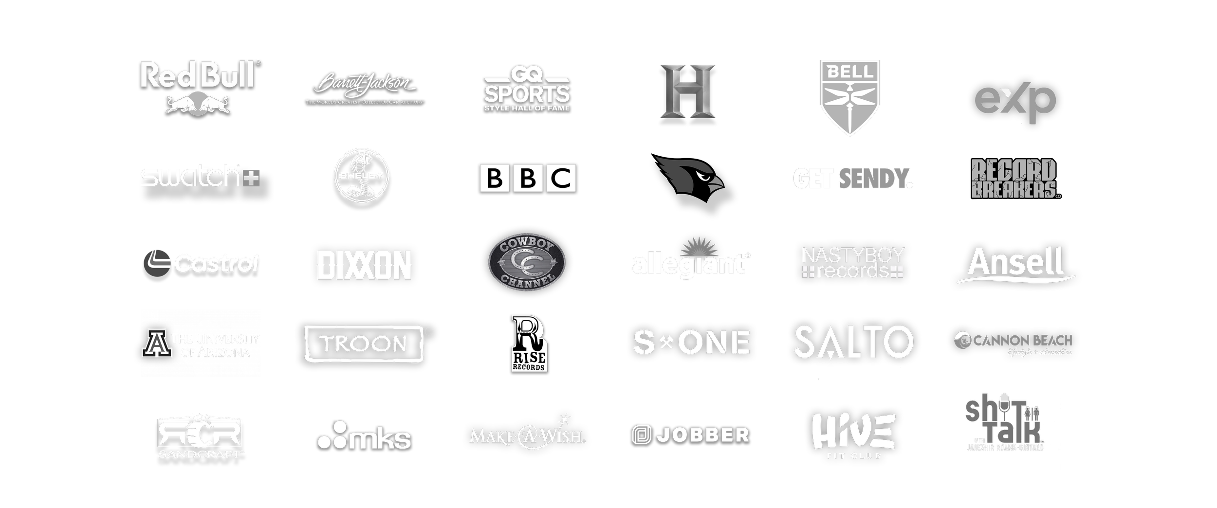 Logos of brands and organizations Ragtown Media has worked with including Red Bull, BBC, Barrett-Jackson, and Swatch