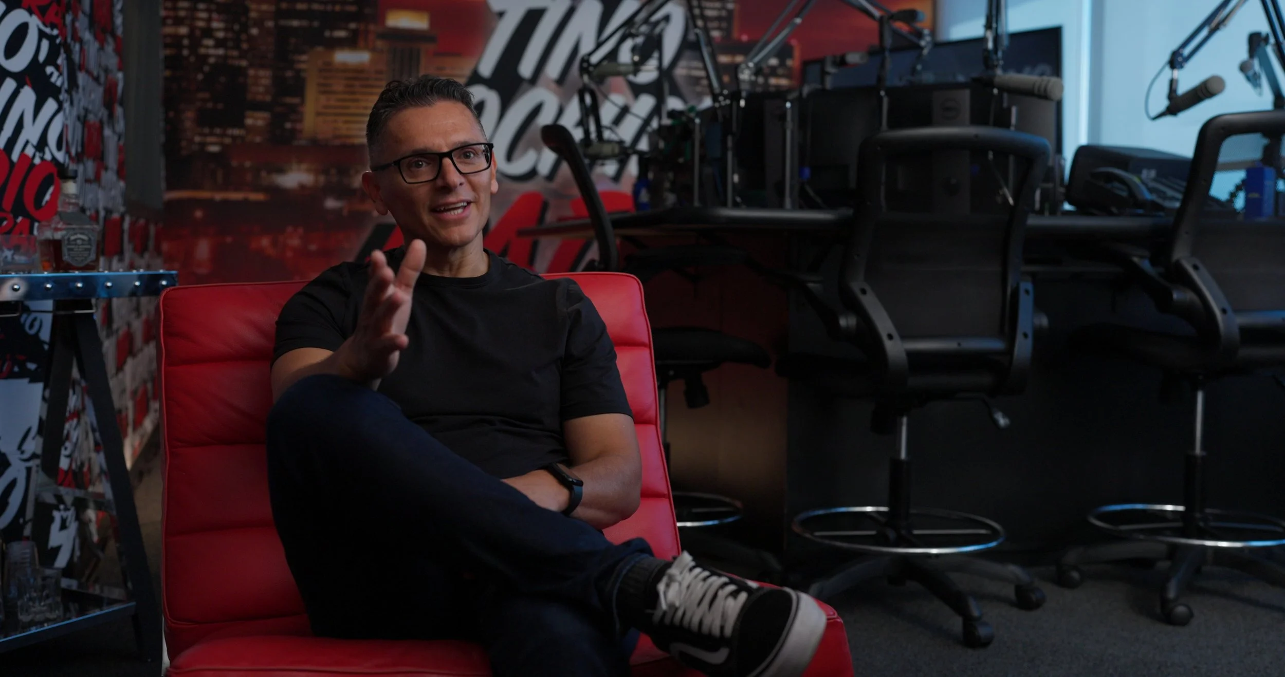 Documentary interview filmed in a radio studio for the MC Magic 30 Years of Magic documentary