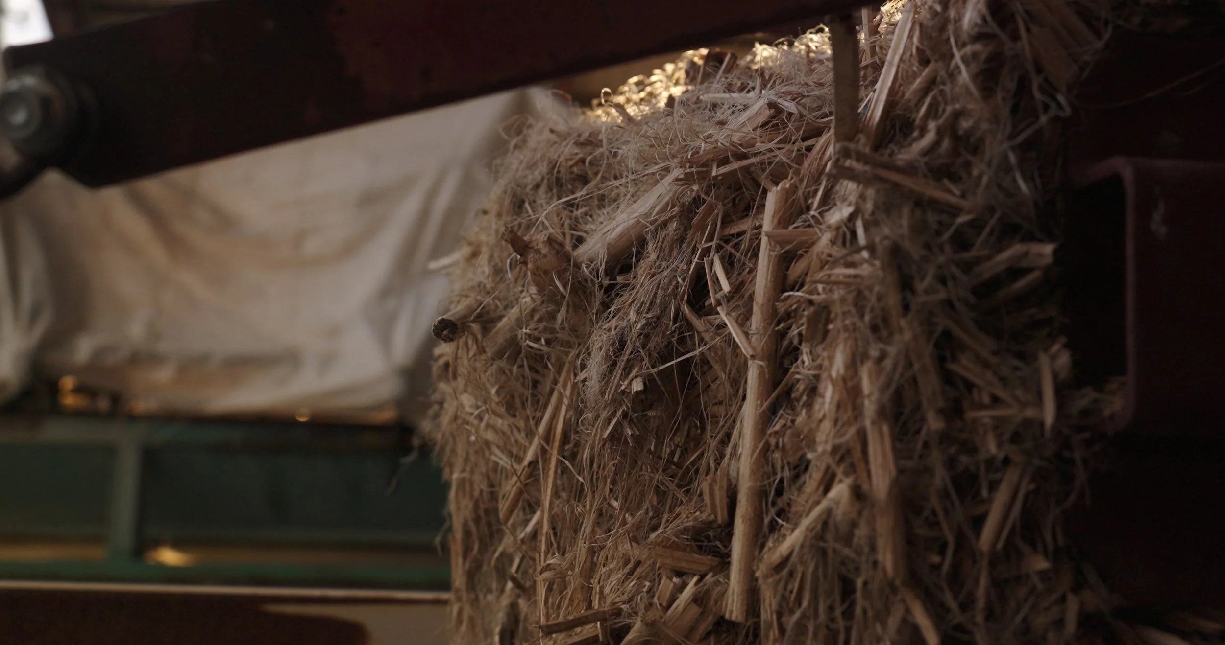 Close-up view of a bird's nest made of straw, twigs, and dry grass, positioned on a wooden surface with part of a fabric curtain and window frame in the background.