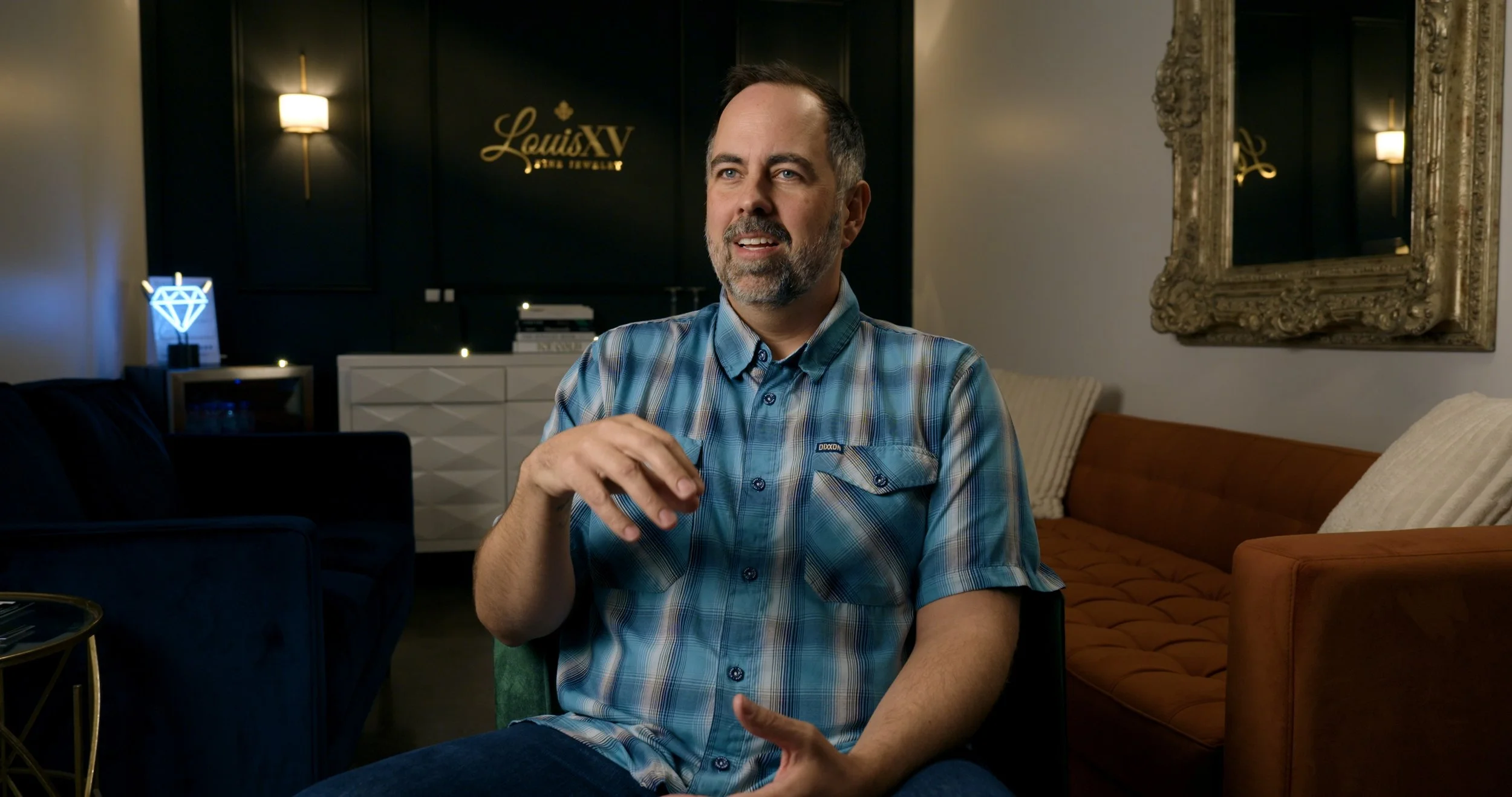 Interview scene filmed for a proposal documentary explaining the story behind the engagement.