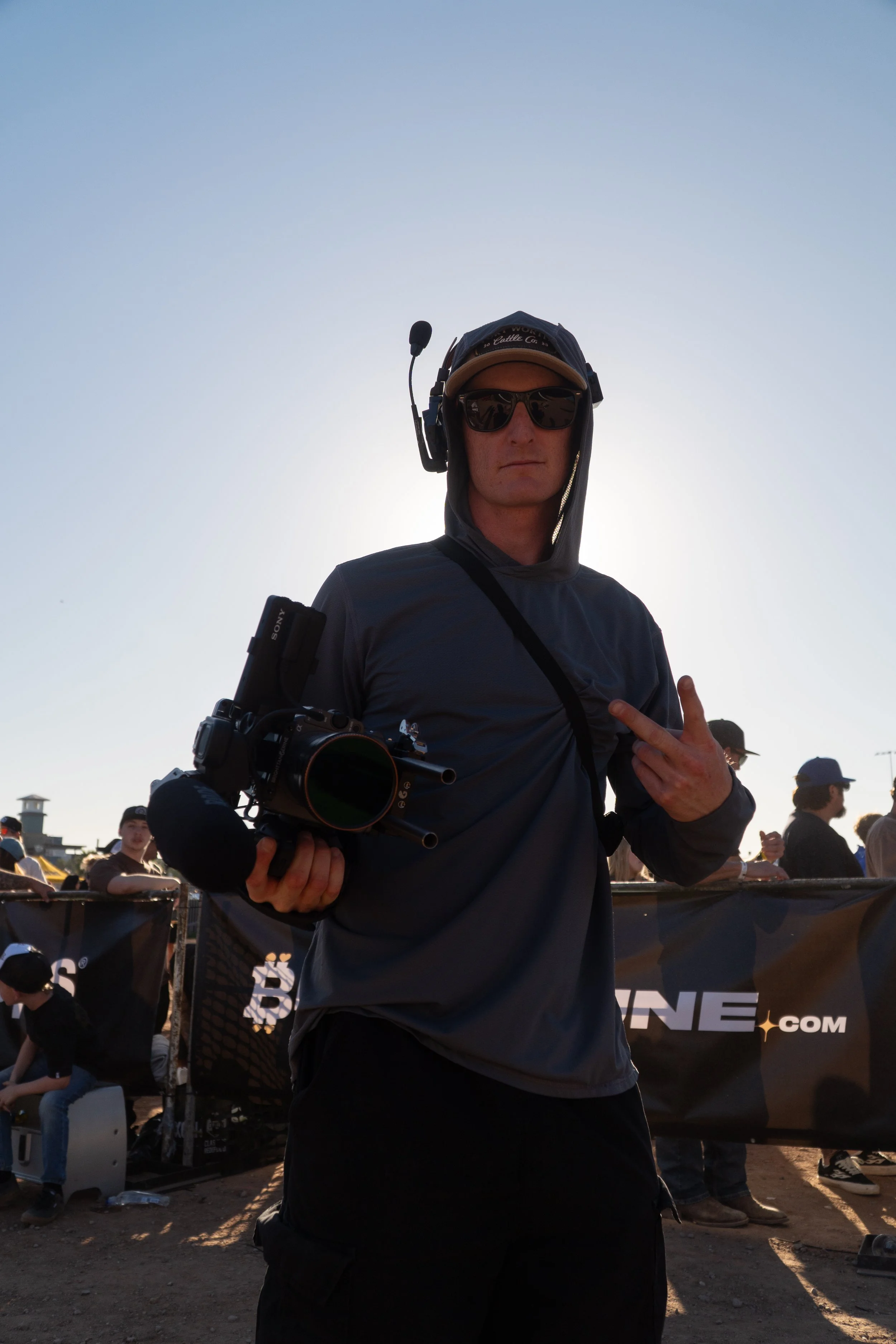 Action sports cinematographer holding cinema camera at Record Breakers event