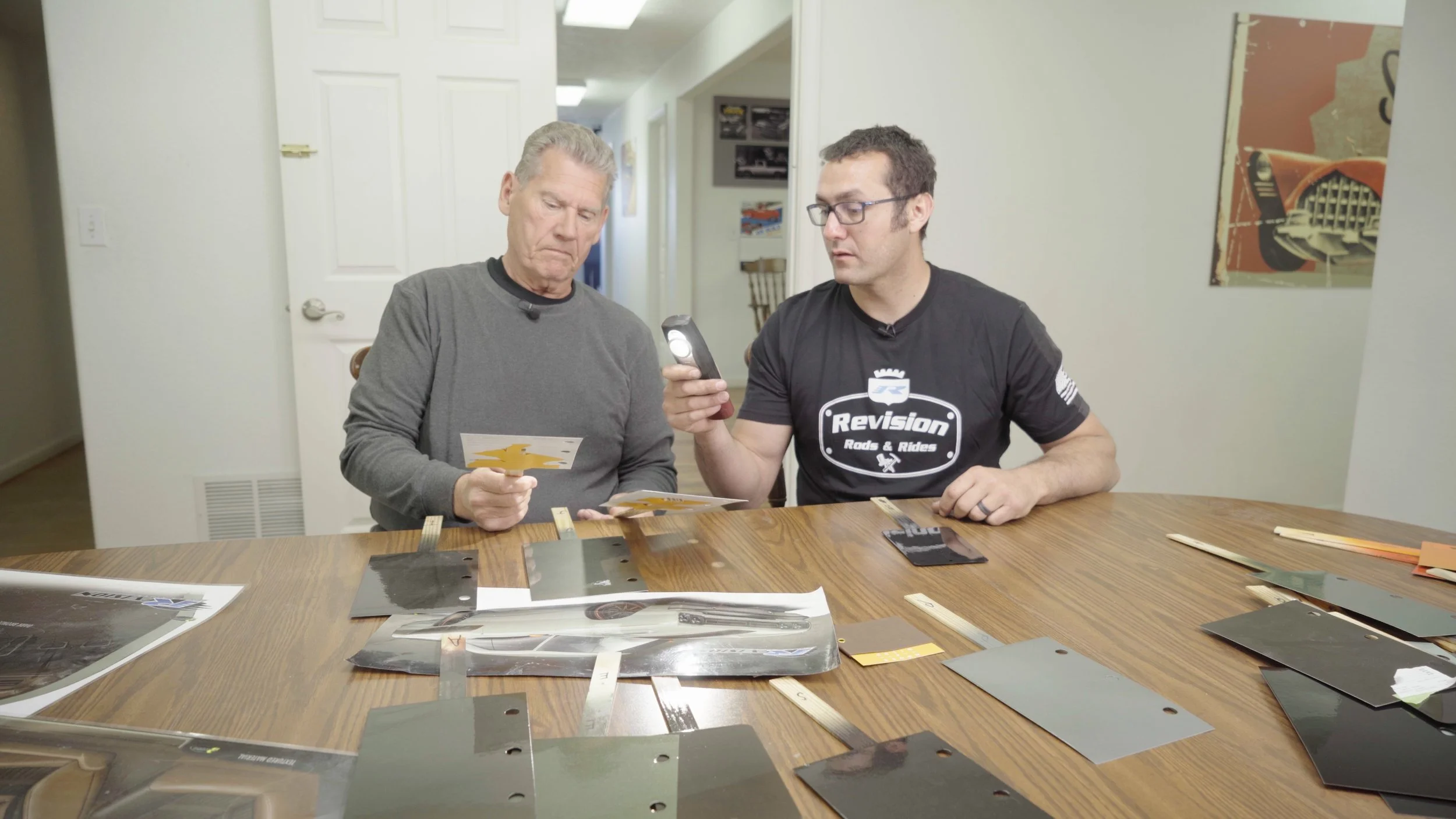 Revision Hot Rods builder and car owner discussing paint color selection for Barrett-Jackson Cup custom build