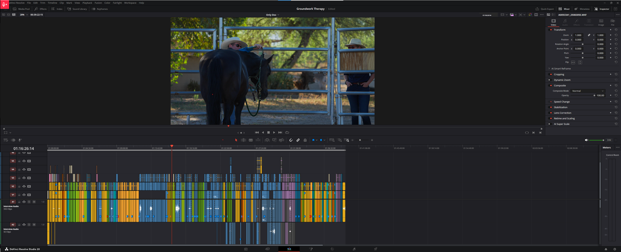Editorial and post production workflow shown through a DaVinci Resolve timeline for a documentary film