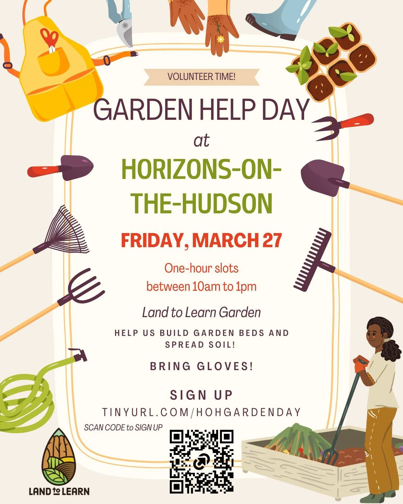 Help Land to Learn spruce up the garden beds, build new ones and spread soil at Horizons-on-the-Hudson elementary school in Newburgh on March 27 from 10am-1pm. Sign up for a volunteer slot at tinyurl.com/HoHGardenDay Bring gloves if you got em! @hohp
