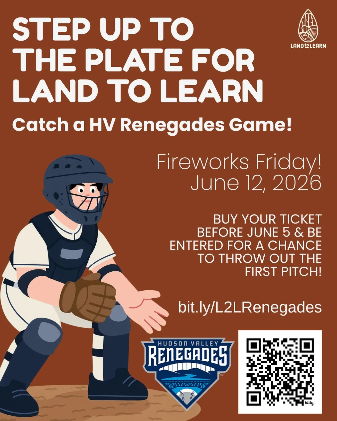 What better way to support Land to Learn than with baseball, fireworks and the chance to throw out the FIRST PITCH at the @hvrenegades game on Friday, June 12 at 7pm! Everyone who buys a ticket from this link:&nbsp;bit.ly/L2LRenegades&nbsp;before Jun