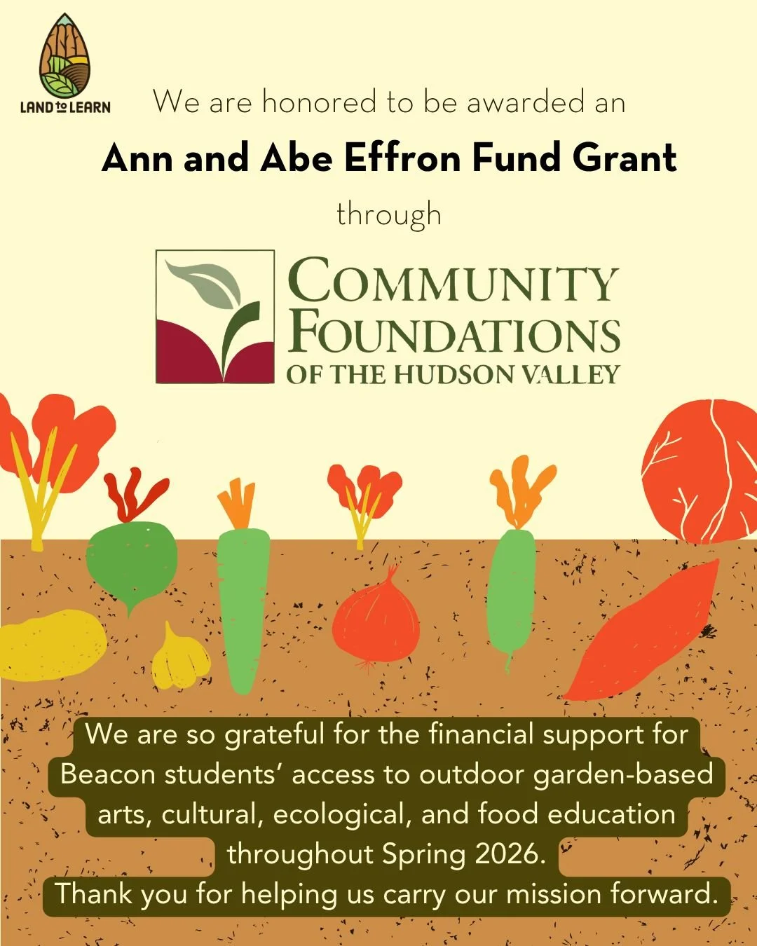 We are honored to be awarded an Ann and Abe Effron Fund Grant from the Community Foundations of the Hudson Valley (@cfhvny)! This grant supports Beacon students&rsquo; access to outdoor garden-based arts, cultural, ecological, and food education thro